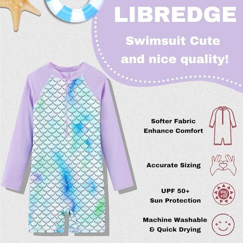 بدلة سباحة LIBREDGE للفتيات بأكمام طويلة للحماية من الطفح الجلدي قطعة واحدة مع غطاء حماية من الأشعة فوق البنفسجية in Kuwait
