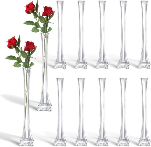 12 Pcs Eiffel Tower Vase Bulk 16 Inch Flute Vase Glass Vases Tall Glass Vases Long Skinny Vase Base Glass for Wedding Centerpiece Flowers Decorations (Clear) in Saudi Arabia