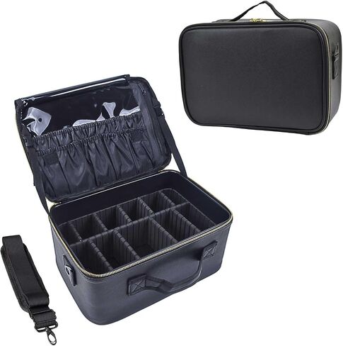 Travel Makeup Train Case Large Compacity Waterproof Makeup Cosmetic Case Portable Makeup Brush Organizer Artist Storage Bag with Adjustable Dividers and Strap (Large-Black) in Saudi Arabia