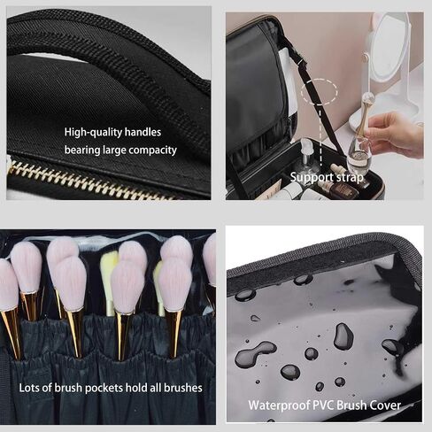 Travel Makeup Train Case Large Compacity Waterproof Makeup Cosmetic Case Portable Makeup Brush Organizer Artist Storage Bag with Adjustable Dividers and Strap (Large-Black) in Saudi Arabia