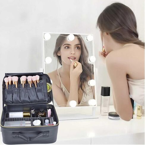 Travel Makeup Train Case Large Compacity Waterproof Makeup Cosmetic Case Portable Makeup Brush Organizer Artist Storage Bag with Adjustable Dividers and Strap (Large-Black) in Saudi Arabia