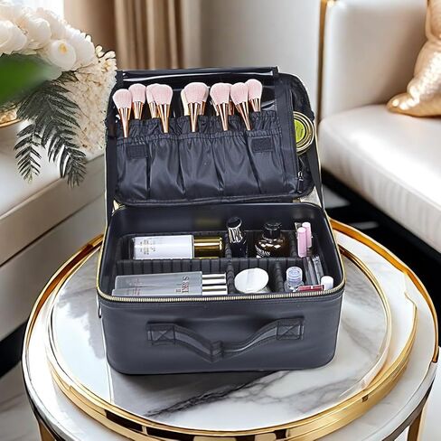 Travel Makeup Train Case Large Compacity Waterproof Makeup Cosmetic Case Portable Makeup Brush Organizer Artist Storage Bag with Adjustable Dividers and Strap (Large-Black) in Saudi Arabia