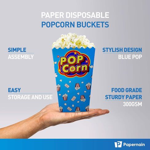 [46 oz, 50-Count, Blue Pop] Paper Popcorn Boxes, Disposable Buckets in Saudi Arabia