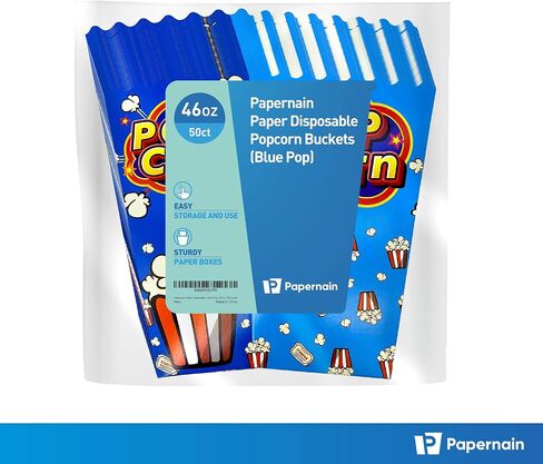 [46 oz, 50-Count, Blue Pop] Paper Popcorn Boxes, Disposable Buckets in Saudi Arabia