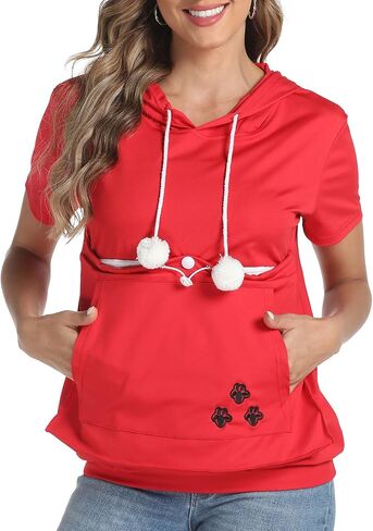 YYW Women Short Sleeve Hoodie Kangaroo Pocket Pet Pouch Holder Carrier Shirt Top Pullover Sweatshirt in Saudi Arabia