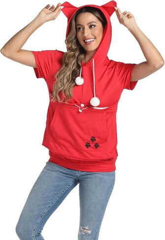 YYW Women Short Sleeve Hoodie Kangaroo Pocket Pet Pouch Holder Carrier Shirt Top Pullover Sweatshirt in Saudi Arabia