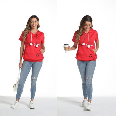 YYW Women Short Sleeve Hoodie Kangaroo Pocket Pet Pouch Holder Carrier Shirt Top Pullover Sweatshirt in Saudi Arabia