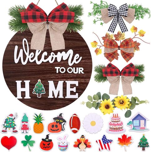 Seasonal Welcome Sign Front Door Decoration, Sublaga Welcome Sign for Front Door, Round Wood Wreaths, Farmhouse, Porch, for All Seasons Holiday Halloween Thanksgiving Christmas in Saudi Arabia