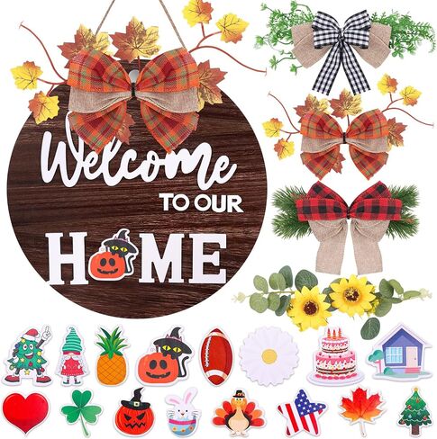 Seasonal Welcome Sign Front Door Decoration, Sublaga Welcome Sign for Front Door, Round Wood Wreaths, Farmhouse, Porch, for All Seasons Holiday Halloween Thanksgiving Christmas in Saudi Arabia