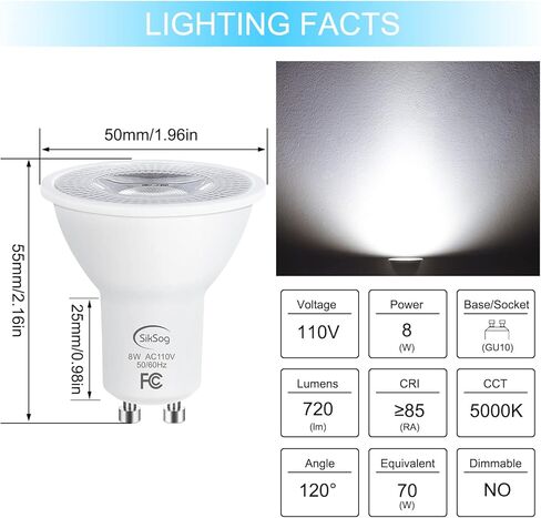 GU10 LED Light Bulb 5000K Daylight White,70W Halogen Equivalent, Non Dimmable, 120° Beam Angle Flood Lights, LED Bulbs for Recessed Track Lighting 720LM, CIR≥85, Pack of 10 in Kuwait