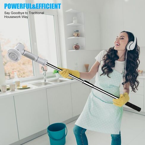 فرشاة تنظيف كهربائية دوارة، فرشاة تنظيف مزدوجة السرعة، فرشاة دش كهربائية مع 6 رؤوس بديلة، فرشاة تنظيف لاسلكية مع مقبض تمديد لأرضية بلاط الجص في حوض الاستحمام، باللون الأبيض in Kuwait