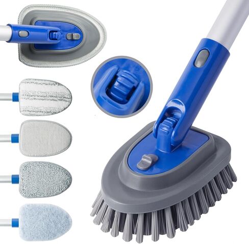 【Upgrade Gear】 5 in 1 Tile Tub Cleaning Brush,Shower Scrubber with 58" Long Handle,Detachable Stiff Bristle Scrub Brush-5 Scouring Pads, 2 Brush Heads for Bathroom Kitchen Wall Tub Tile Sink in Saudi Arabia