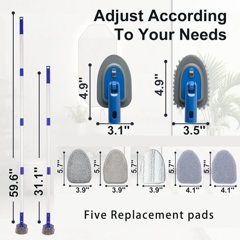 【Upgrade Gear】 5 in 1 Tile Tub Cleaning Brush,Shower Scrubber with 58" Long Handle,Detachable Stiff Bristle Scrub Brush-5 Scouring Pads, 2 Brush Heads for Bathroom Kitchen Wall Tub Tile Sink in Saudi Arabia