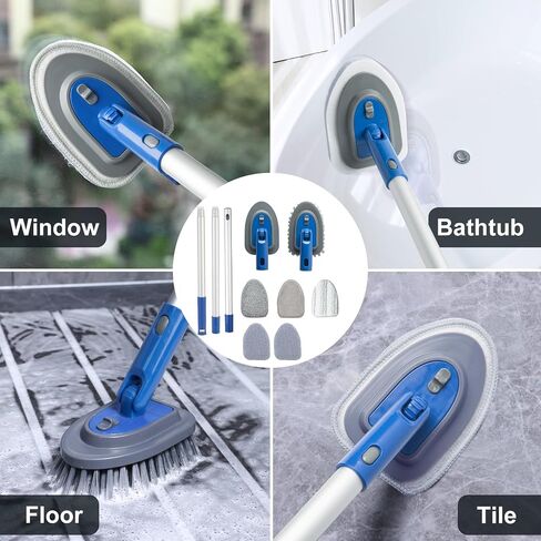 【Upgrade Gear】 5 in 1 Tile Tub Cleaning Brush,Shower Scrubber with 58" Long Handle,Detachable Stiff Bristle Scrub Brush-5 Scouring Pads, 2 Brush Heads for Bathroom Kitchen Wall Tub Tile Sink in Saudi Arabia