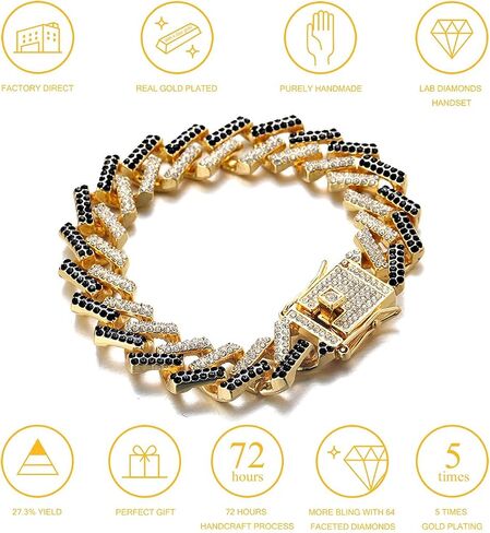 Halukakah Cuban Link Chain for Men FUJI - 13MM Iced Out Diamond Gold Chain - 18k Real Gold Plated/Platinum White Gold Finish Necklace - Hand Set Multicolor Lab Diamonds - Gift for Him in Kuwait