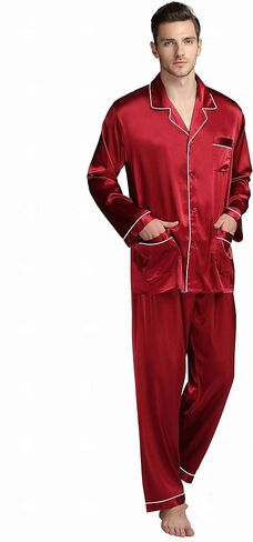 Lonxu Pajamas Set Mens Silk Satin Pajamas Long Sleeve Loungewear Two-Piece Sleepwear Button-Down Pj Set S-XXXXL in Kuwait