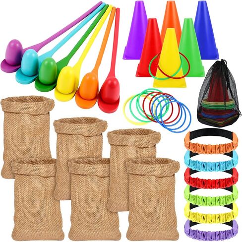 40 Pcs Carnival Games Potato Sack Race Bags Burlap Potato Sacks Egg Spoon Race Game Legged Race Bands Colorful Cones and Rings for Easter Holiday Party Outdoor Game Family Activity in Saudi Arabia