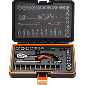Kendo 42-Pieces 3/8’’ & 1/4" Dr. Ratchet Socket Wrench Set - CRV SAE & Metric Sockets & Accessories + 72 Tooth Reversible Quick Release Wrench - Premium Carry Case Included in Kuwait