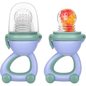 Baby Fruit Food Feeder Pacifier - Fresh Fruit Teething Toy 6M+, BPA Free Safely Introduce Solids Teething Relief Toy Includes Add Silicone Sacs, 2-Pack (Blue)