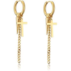 Retro Cross Spike Tassel Dangle Chain Charm Huggie Small Hoop Earrings for Men Women Hinged Kpop Hypoallergenic Stainless Steel Gold Hanging Drop Punk Faith Christian Cool Boys Hip Hop Fashion
