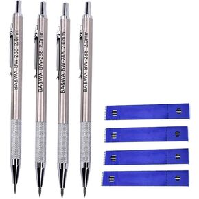 4 Pack 2.0 mm Lead Holder Metal Mechanical Pencil Automatic Mechanical Drafting Pencil for Draft Drawing,Carpenter,Crafting, Art Sketching + 48 Leads