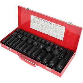 TYFYB 35pcs 1/2 Inch Drive Deep Impact Socket Tool Set Metric Garage Workshop Tools,Heavy Duty Impact Socket Set with Portable Case, Red