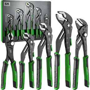 SK 5-Piece Pliers Set, 8" Adjustable Joint Pliers, 8", 10" and 12" Quick Adjust V-Jaw Groove Joint Pliers, 10" Pliers Wrench, Premium CR-V Construction, with EVA Foam Tool Organizer