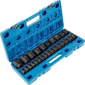 VEVOR Impact Socket Set 1/2 Inches 26 Piece Impact Sockets, Shallow Socket, 6-Point Sockets, Rugged Construction, CR-M0, 1/2 Inches Drive Socket Set Impact Metric 10mm - 36mm, with a Storage Cage in Kuwait