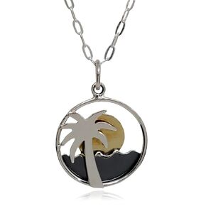 Sterling Silver and Bronze Island Palm Tree Ocean Sun Cutout Charm Necklace, 18"