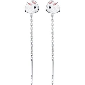 Cute Bunny Rabbit Threader Tassel Dangle Earrings Sterling Silver 925 Lovely Animal Long Chain Ear Line Dangling Drop Statement Hoop Earring Studs Fashion Jewelry Gifts for Girls Women Sensitive Ears