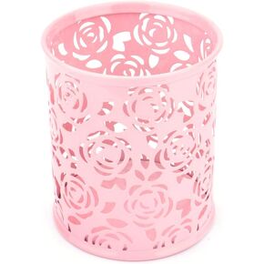 Hollow Rose Flower Pattern Metal Pen,Cylinder Cosmetic Make up Brushes Metal Pen Pencil Pot Holder Organizer Stationery Container for Office Desk,Pink