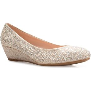 Olivia K Women's Close Round Toe Low Wedge Glitter Rhinestone Comfort (Champagne, US Footwear Size System, Adult, Women, Numeric, Medium, 7.5)