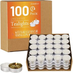 AlterEgo Unscented Tea Lights - 100 Pack Tealight Candles - 4+ Hour Burn Time - Clean-Burning White Palm Votive Smokeless Tealights Candles for Home, Shabbat & Anniversaries (100Pack) in Saudi Arabia