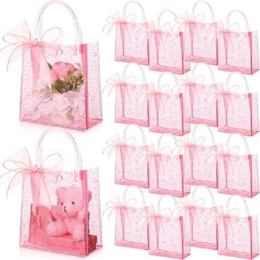 Sayglossy 24 Pcs Clear Pink Gift Bags with Handles 6.3 x 5.9 x 2.8 Inch Wedding Transparent Glitter Tote with Ribbons Reusable PVC Gift Wrap Bags for Baby Bridal Shower Birthday Party