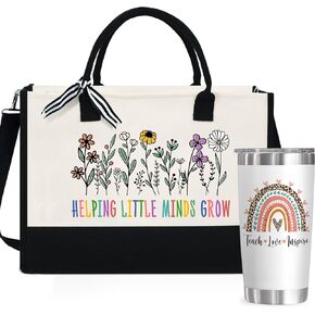 Teacher Gift Set - 20 oz Stainless Steel Tumbler & 13 oz Canvas Tote Bag, Graduation, Teacher's Day, Birthday Gifts For Teachers, Women, Teacher Appreciation Gifts, Thank You Gifts For Coworkers
