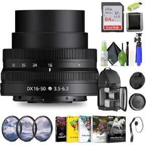 Nikon NIKKOR Z DX 16-50mm f/3.5-6.3 VR Lens (20084) + 64GB Memory Card + Filter Kit + BackPack + Card Reader + Corel Photo Software + Flex Tripod + Memory Wallet + Cap Keeper + Cleaning Kit