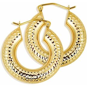 Textured 14K Yellow Gold Reversible Thick Tube Huggie Hoop Earrings for Women Girls (4.8mm Tube) 23mm Diameter