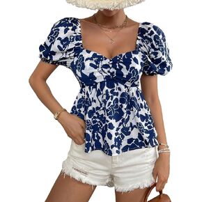 SweatyRocks Women's Floral Print Short Puff Sleeve Peplum Blouse Ruched Sweetheart Neck Shirt Tops