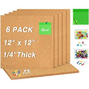 PLULON 6 Pack Cork Bulletin Boards for Wall 12" x 12" 1/4" Thick Self-Adhesive Square Corkboard Tiles Vision Board with 100 Push Pins 50Pcs Sticky Notes for Home School Office Display Supplies
