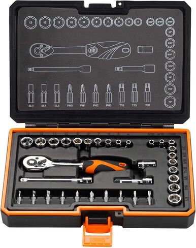 Kendo 42-Pieces 3/8’’ & 1/4" Dr. Ratchet Socket Wrench Set - CRV SAE & Metric Sockets & Accessories + 72 Tooth Reversible Quick Release Wrench - Premium Carry Case Included in Kuwait