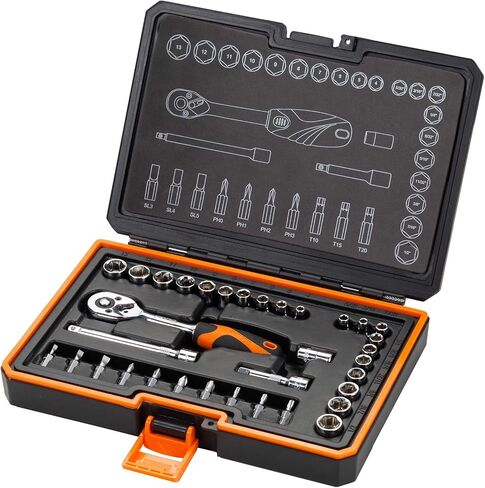 Kendo 42-Pieces 3/8’’ & 1/4" Dr. Ratchet Socket Wrench Set - CRV SAE & Metric Sockets & Accessories + 72 Tooth Reversible Quick Release Wrench - Premium Carry Case Included in Kuwait