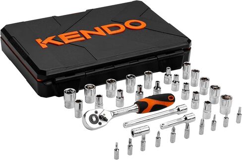 Kendo 42-Pieces 3/8’’ & 1/4" Dr. Ratchet Socket Wrench Set - CRV SAE & Metric Sockets & Accessories + 72 Tooth Reversible Quick Release Wrench - Premium Carry Case Included in Kuwait