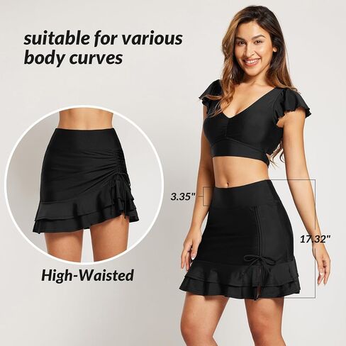 BALEAF Women's High Waisted Adjustable Drawstring Ruffle Swim Skirt Bottoms Modest Tummy Control Swim Skort with Pocket Liner in Kuwait