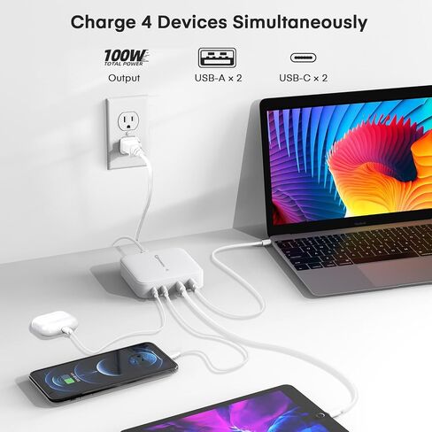 USB C Charger, 100W Fast Charger (PI GaN), 4-Port Compact USB Wall Charger for MacBook Pro/Air, iPad Pro, Huawei,Galaxy, iPhone, Google,Steam Deck, and More, White in Saudi Arabia