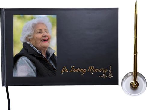 Funeral Guest Book for Memorial Service with Photo Frame, with 80 Sheets, Celebration of Life Guest Book Hard Cover, Funeral Guest Book Loving in Memory, Siging Pen with Stand (Black) in Saudi Arabia