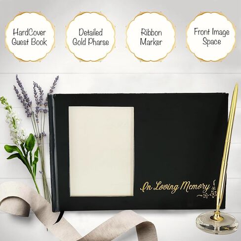 Funeral Guest Book for Memorial Service with Photo Frame, with 80 Sheets, Celebration of Life Guest Book Hard Cover, Funeral Guest Book Loving in Memory, Siging Pen with Stand (Black) in Saudi Arabia