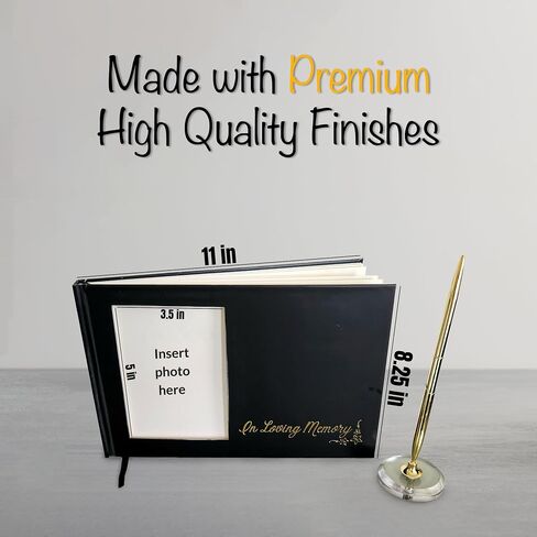 Funeral Guest Book for Memorial Service with Photo Frame, with 80 Sheets, Celebration of Life Guest Book Hard Cover, Funeral Guest Book Loving in Memory, Siging Pen with Stand (Black) in Saudi Arabia