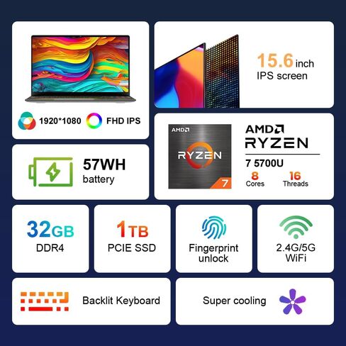 كمبيوتر محمول A15 Plus شاشة 15.6 بوصة FHD IPS AMD Ryzen 7 5700U (8C/16T، حتى 4.3 جيجا هرتز، Beat i7 11390H) 32 جيجا DDR4 1 تيرابايت PCIE SSD Windows 11 بصمة الإصبع تفتح لوحة المفاتيح بإضاءة خلفية 57 وات في الساعة كمبيوتر محمول in Kuwait
