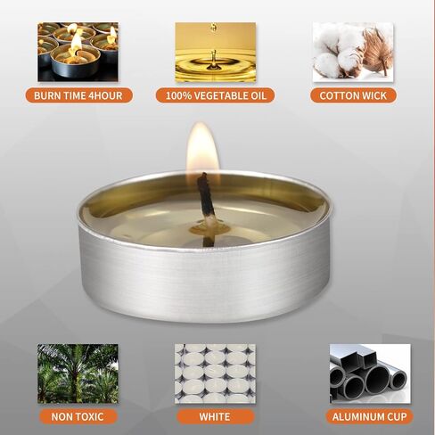 مصابيح شاي غير معطرة من AlterEgo - 100 عبوة من شموع Tealight - وقت احتراق يزيد عن 4 ساعات - شموع شموع صغيرة خالية من الدخان من النخيل الأبيض المحترق للمنزل، والشبات والذكرى السنوية (100 عبوة) in Saudi Arabia