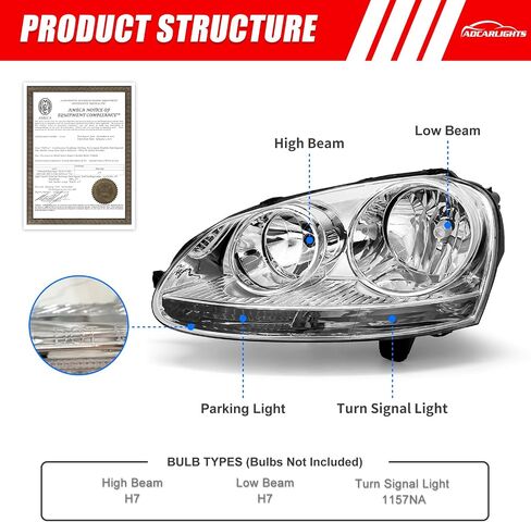 Headlights Assembly Compatible With 2005 2006 2007 2008 2009 2010 Volkswagen Jetta Type 5 Wagon GTI 08-09 Wagon / 06-09 Golf Rabbit Chrome Housing Clear Reflector Replacement Pair in Saudi Arabia
